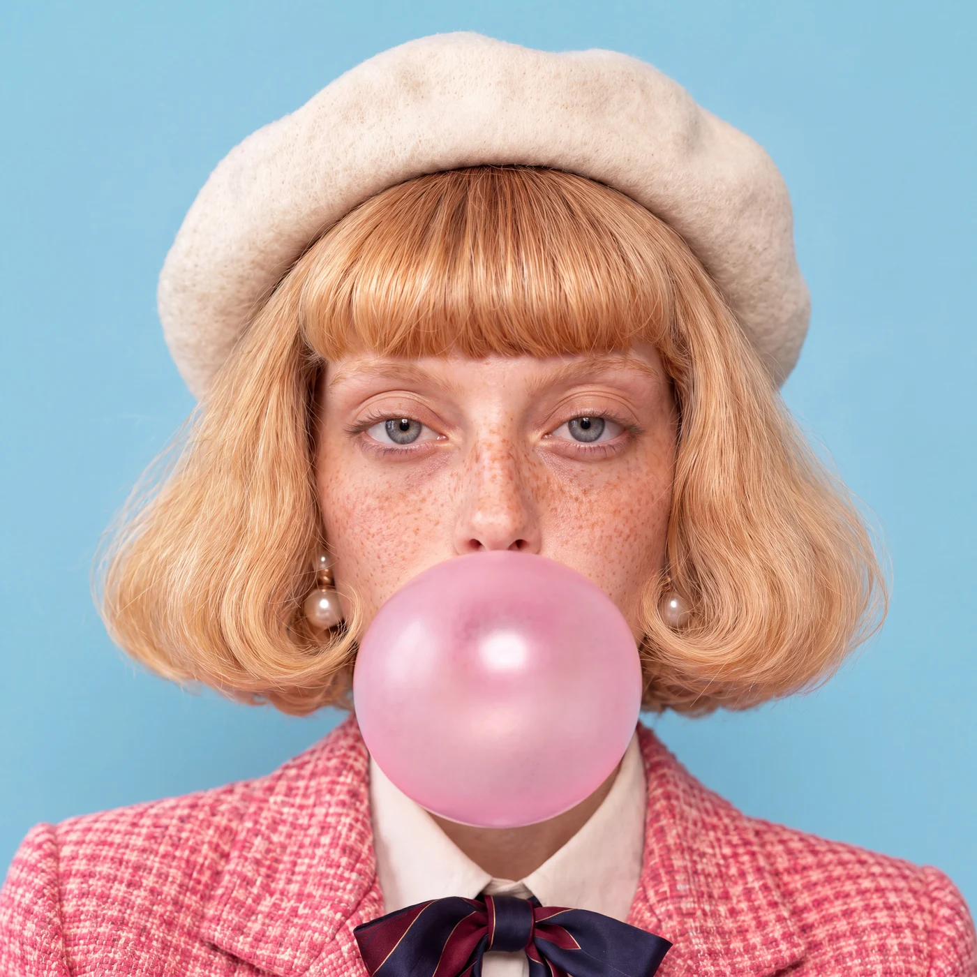 Clarabelle blowing a pink bubblegum bubble in her cream beret